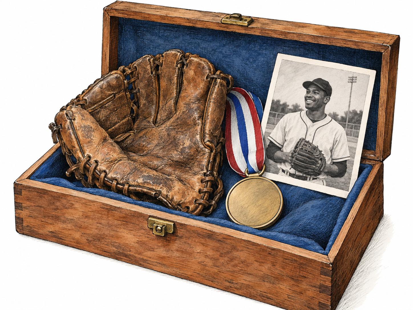 A carefully kept open keepsake box contains a scuffed baseball glove, a plain medal on ribbon, and a photograph of an adult holding that glove after a game; coherent personal mementos, no brands or writing.