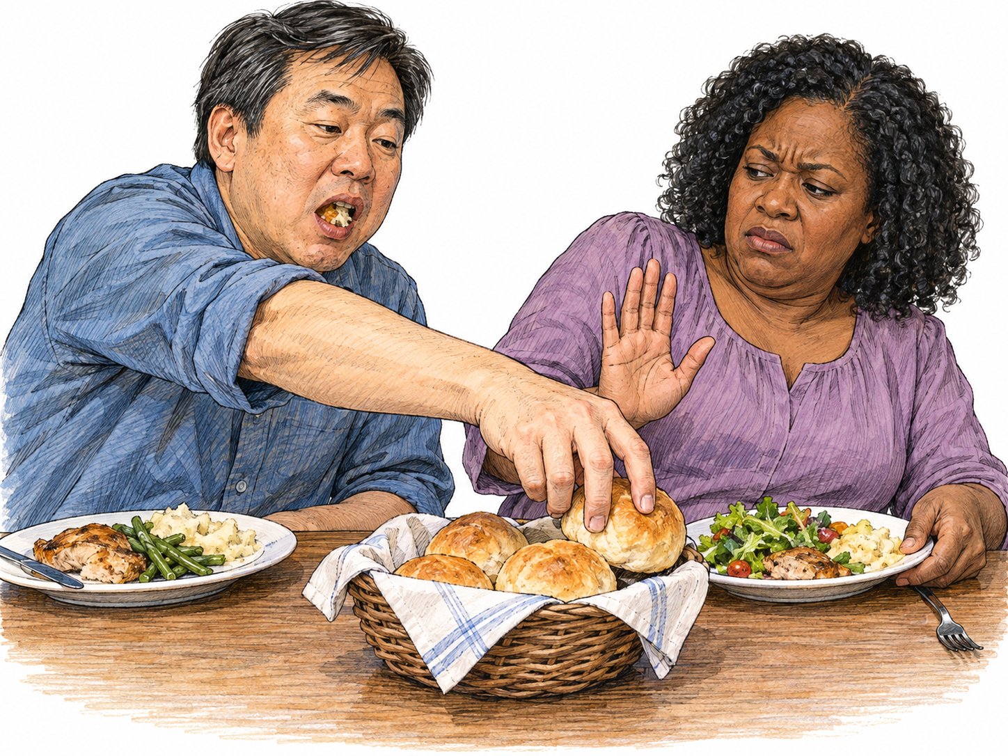 At a shared dining table, a man chews with his mouth open while reaching directly across another diner's plate to grab food with his bare hand.