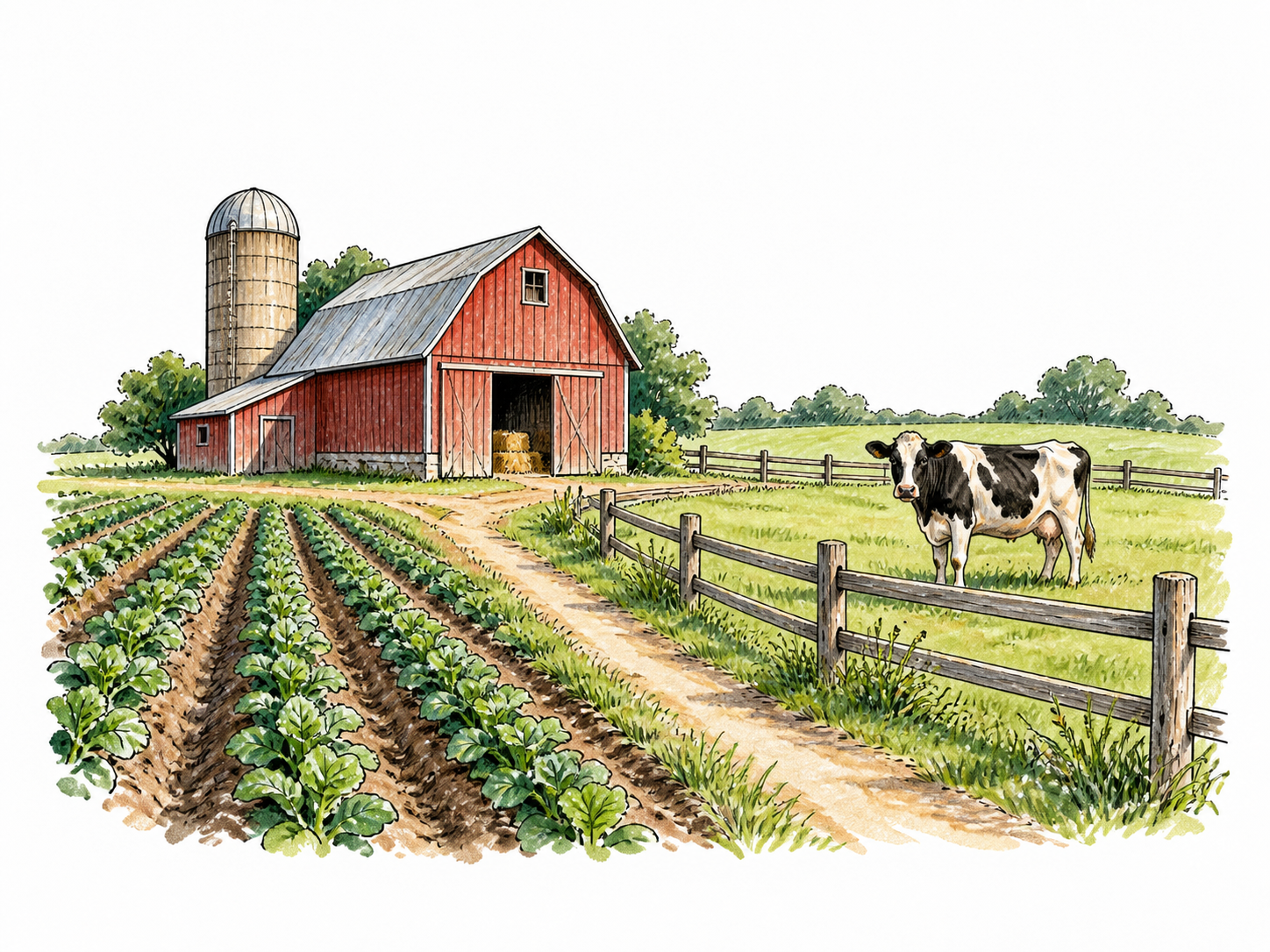 A working family farm with modest barn, crop rows, a cow and fenced grazing land, agriculture central, sparse illustrative landscape, no signage.