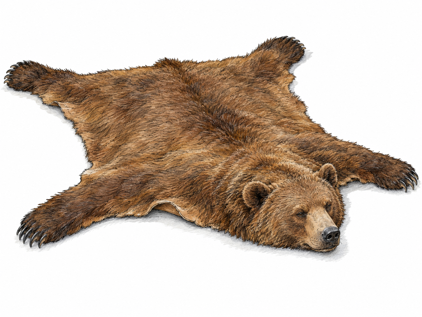 A brown bearskin rug spread flat, its broad fur-covered hide, four splayed limbs, and attached bear head clearly identifying it as a bear pelt rather than a living animal.