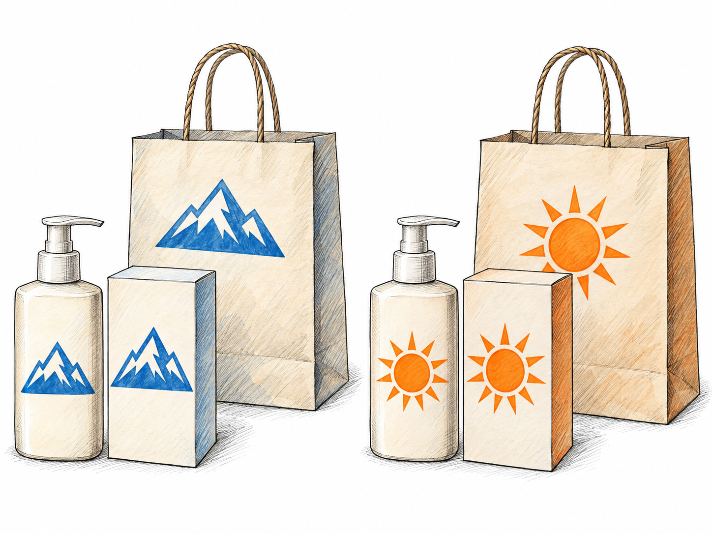 Two small product ranges use different repeated visual identities: one has a blue mountain emblem, the other an orange sun emblem.