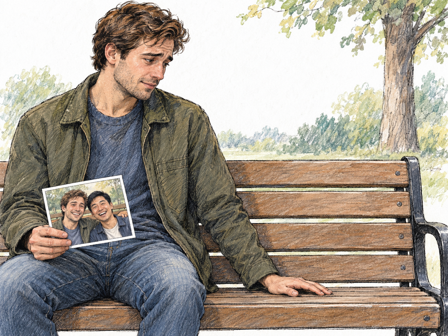 A young man sits alone on one end of a park bench, holding a photograph of himself and his friend laughing together on that same bench.