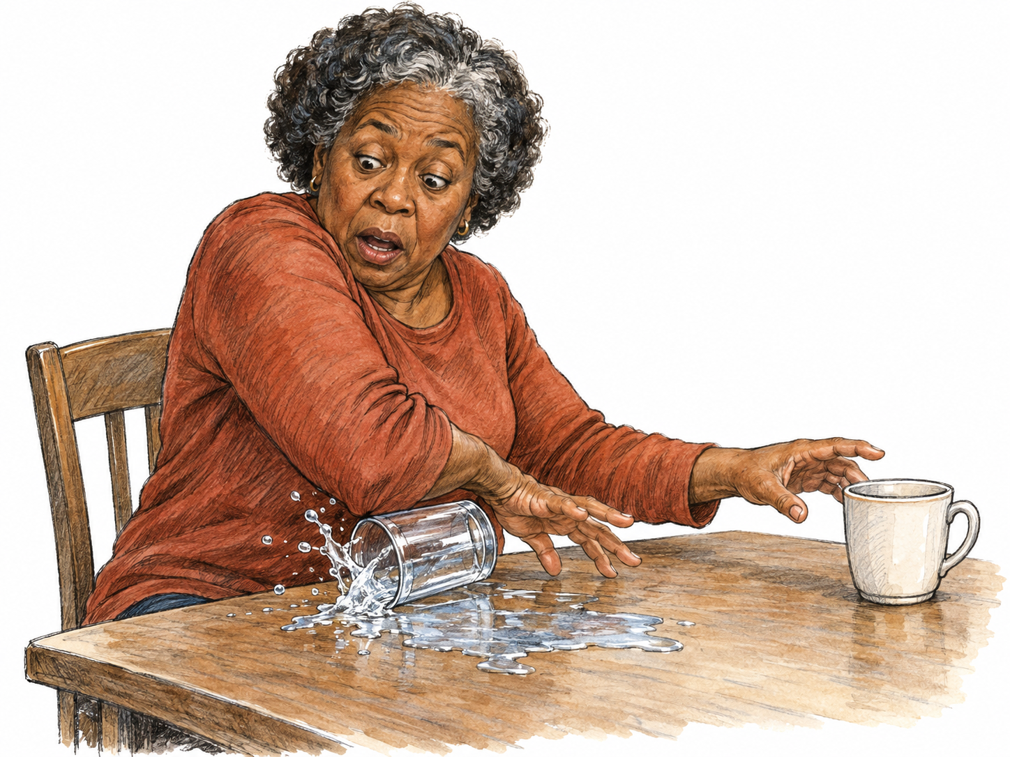 An awkward reach for a cup causes a woman to knock over a neighboring glass with her elbow, spilling water across the table.