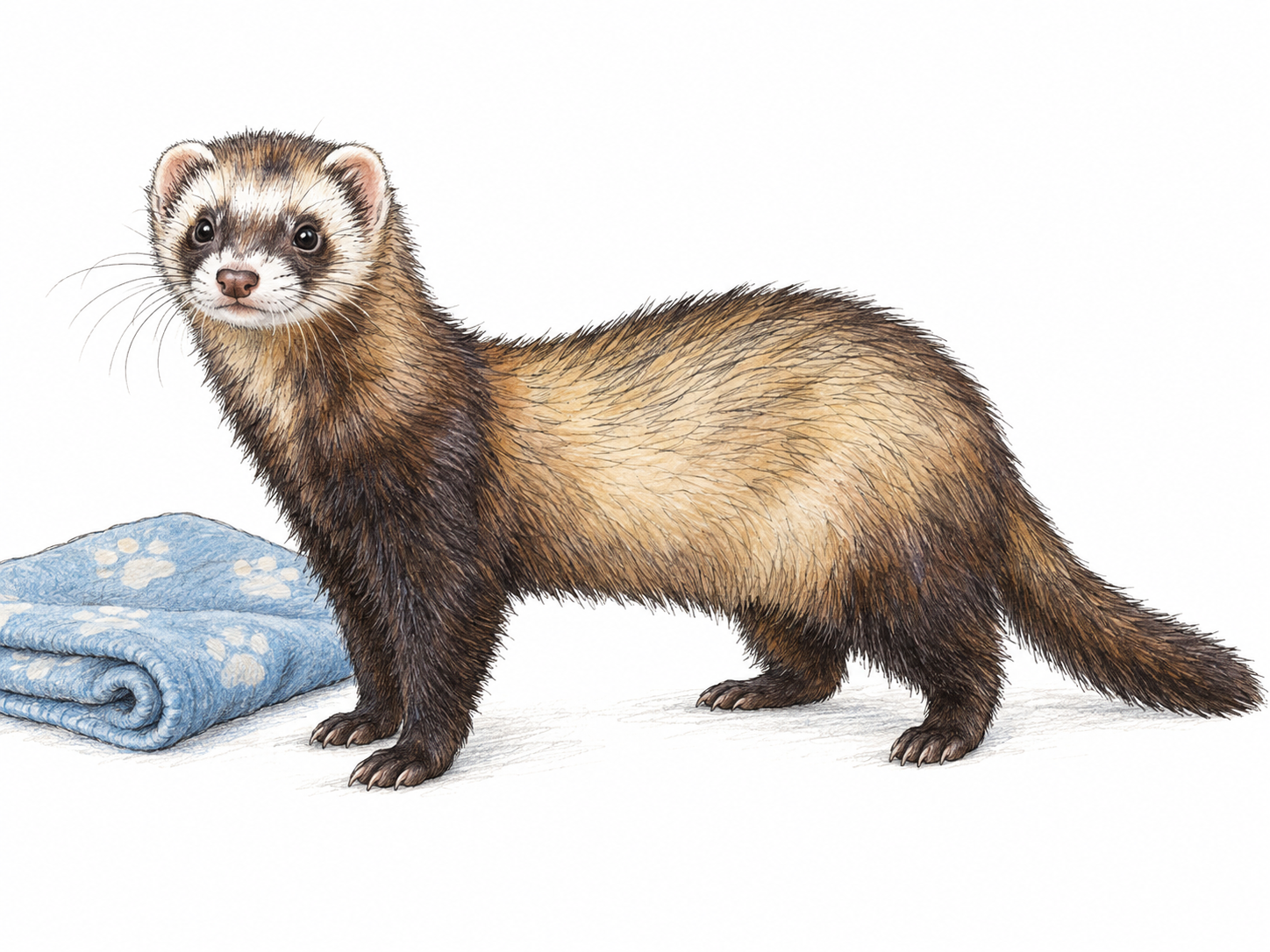 A single domestic sable ferret stands in three-quarter side view beside a small folded pet blanket, its elongated body, short legs, rounded ears and dark facial mask clearly visible.