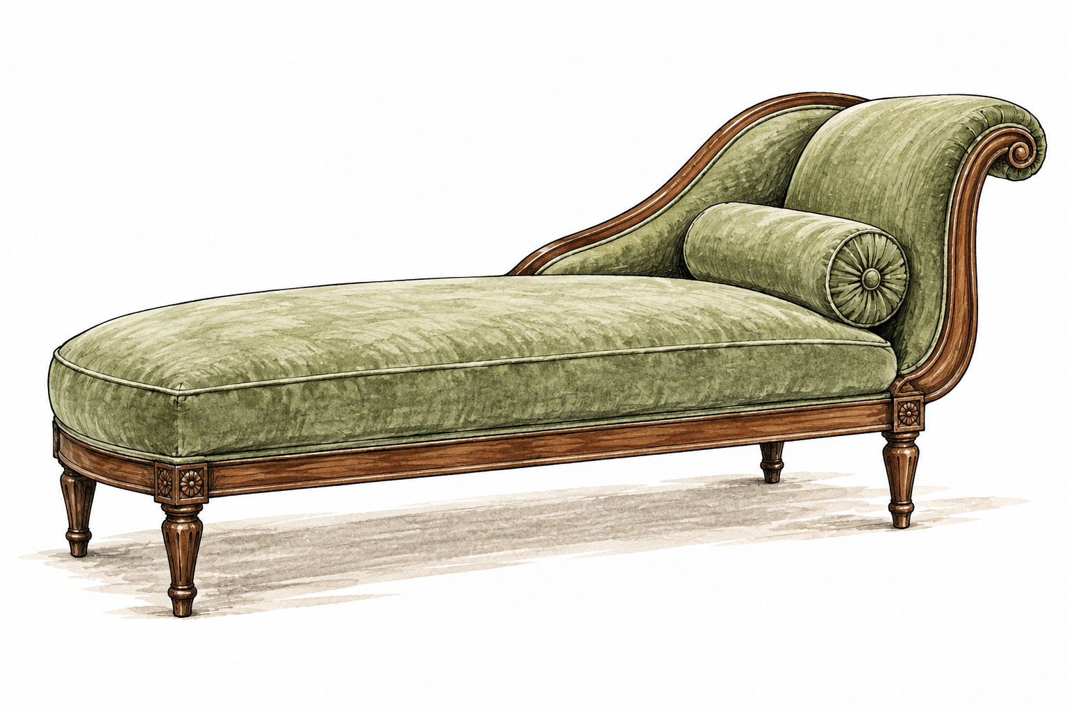 A long upholstered chaise longue with a raised back at one end for reclining, refined furniture object.