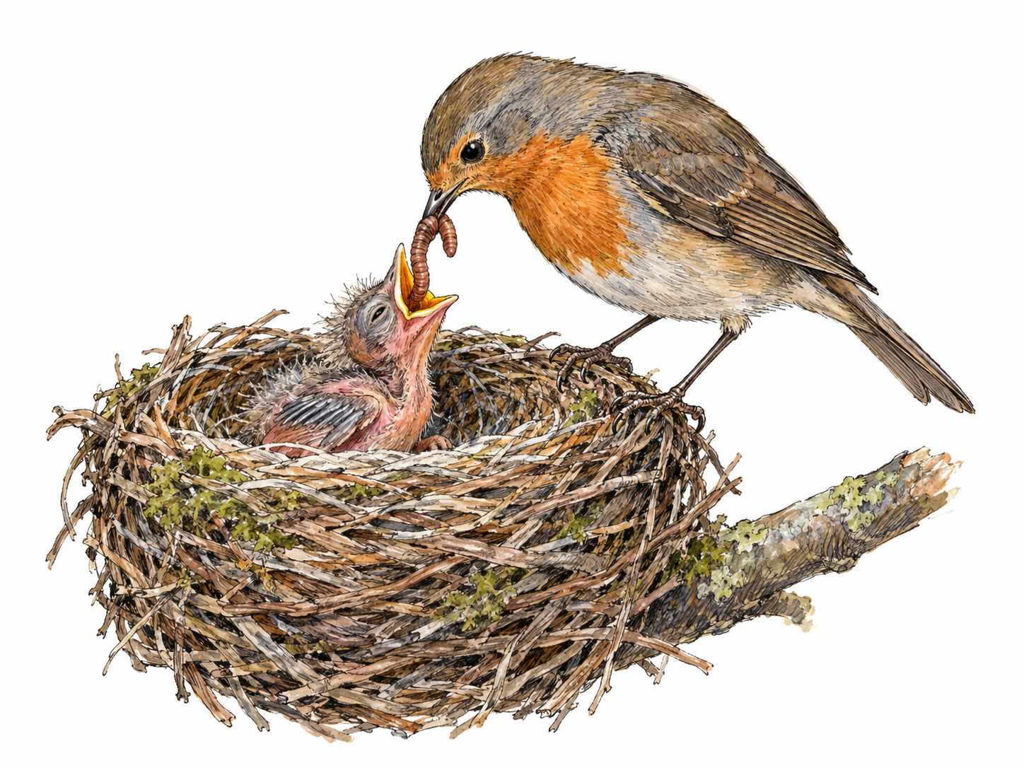 A helpless, sparsely feathered nestling relies on its adult parent for food, receiving a worm directly into its open beak.