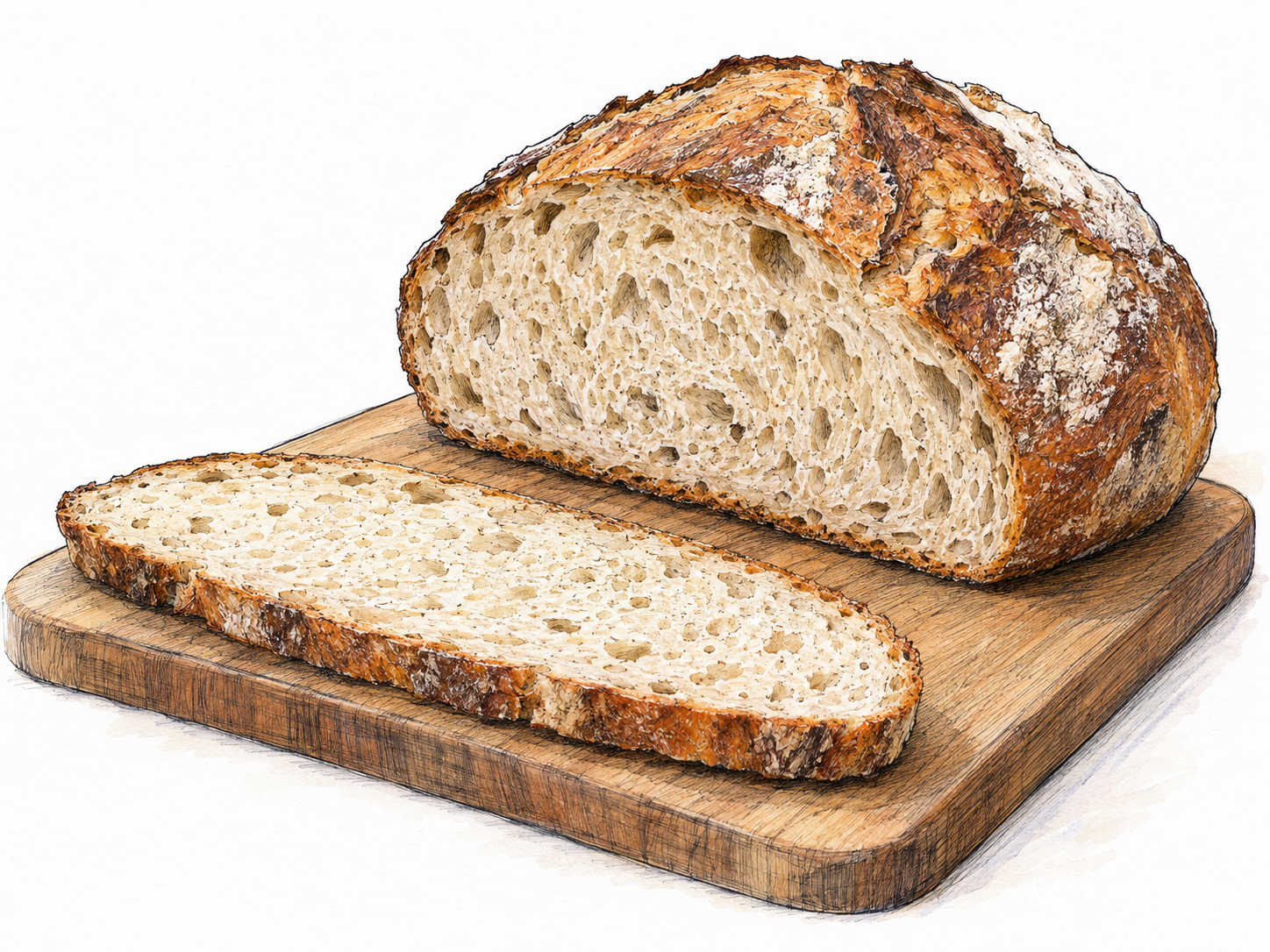 A single thin slice of bread lies beside the larger loaf it was cut from, with matching cut faces and a clearly visible narrow crust edge.