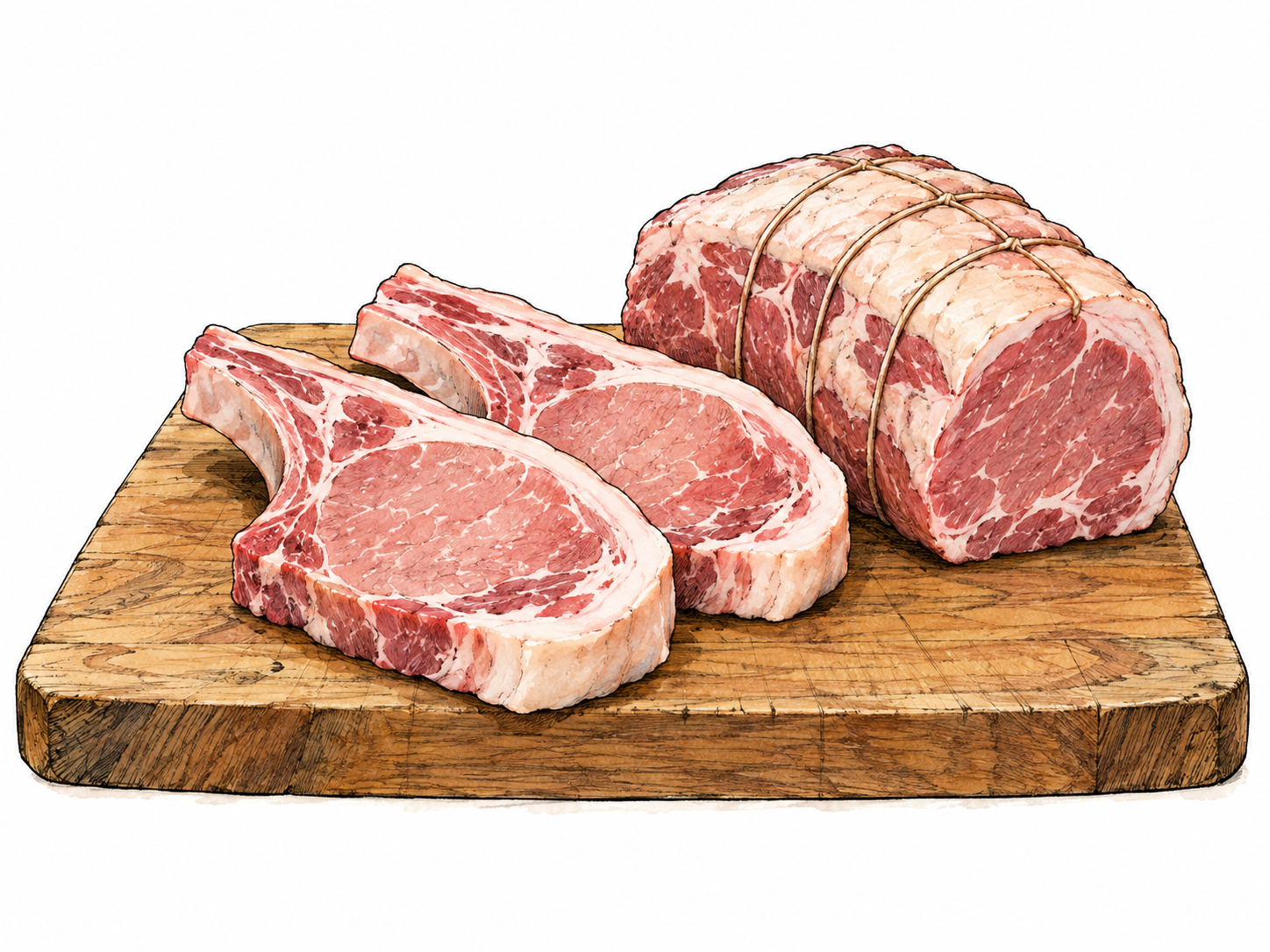 Fresh uncooked pork chops on a plain butcher's wooden board with a small roast alongside, visible pale pink meat and fat edge; no blood, animal head, text, packaging or labels.