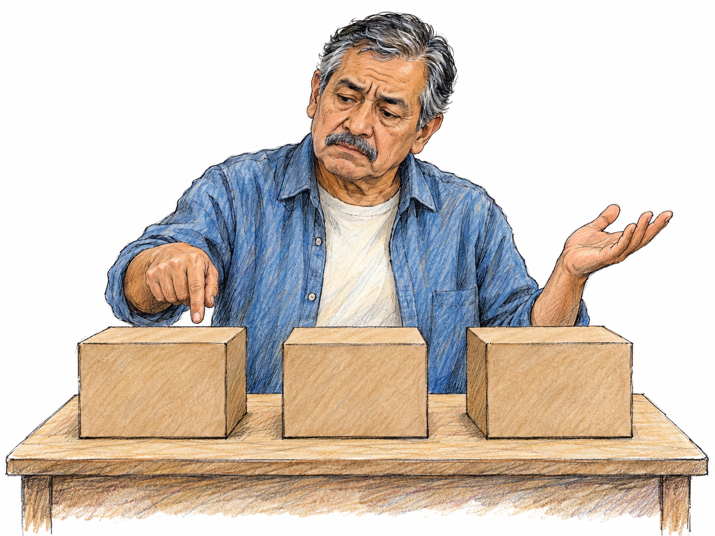 An older man tentatively points to one of three identical closed boxes, choosing by intuition despite having no visible clues about their contents.