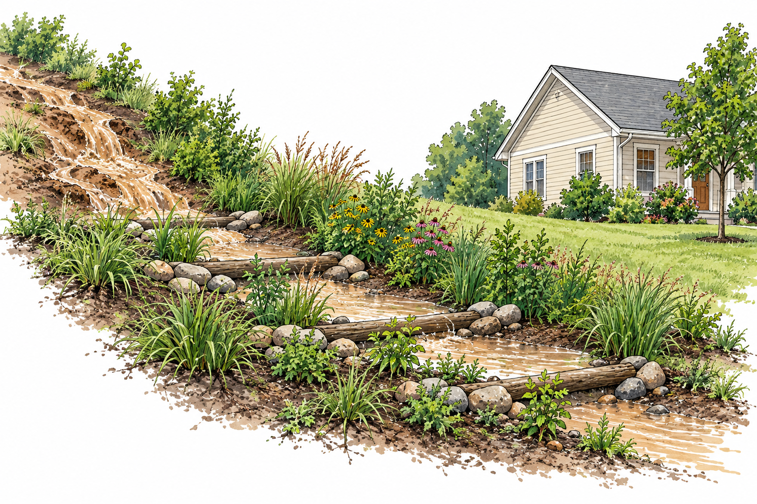 A row of planted vegetation and small barriers slowing muddy runoff before it reaches a home, visible reduction of harmful flow, no labels.