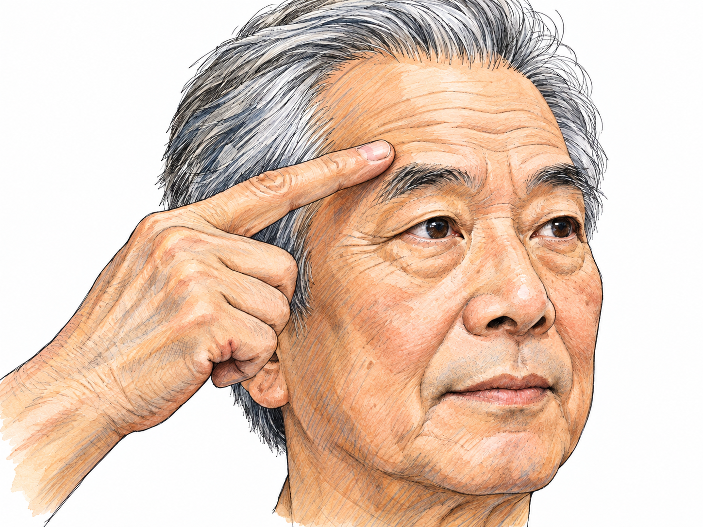 A close-up of an older man's upper face, with one fingertip resting lightly on the forehead just above an eyebrow, directing attention to the brow.