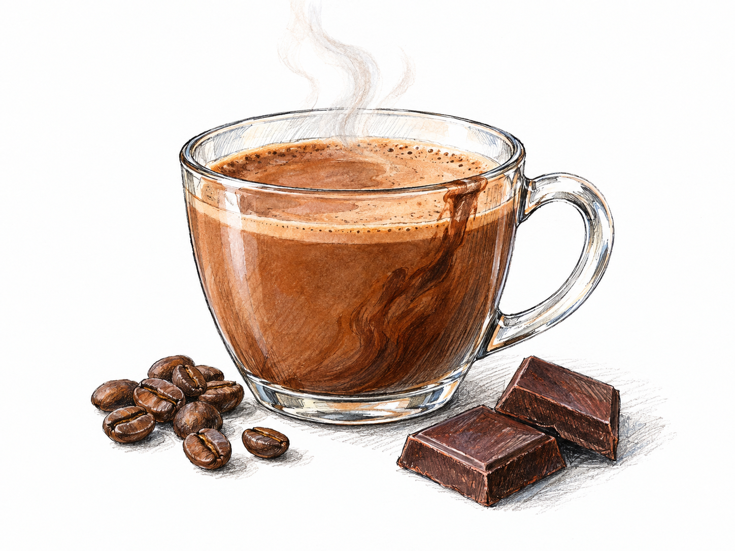 A clear cup of warm mocha beside coffee beans and a few chocolate squares, with a small streak of chocolate visible inside the cup to make the coffee-and-chocolate mixture legible.