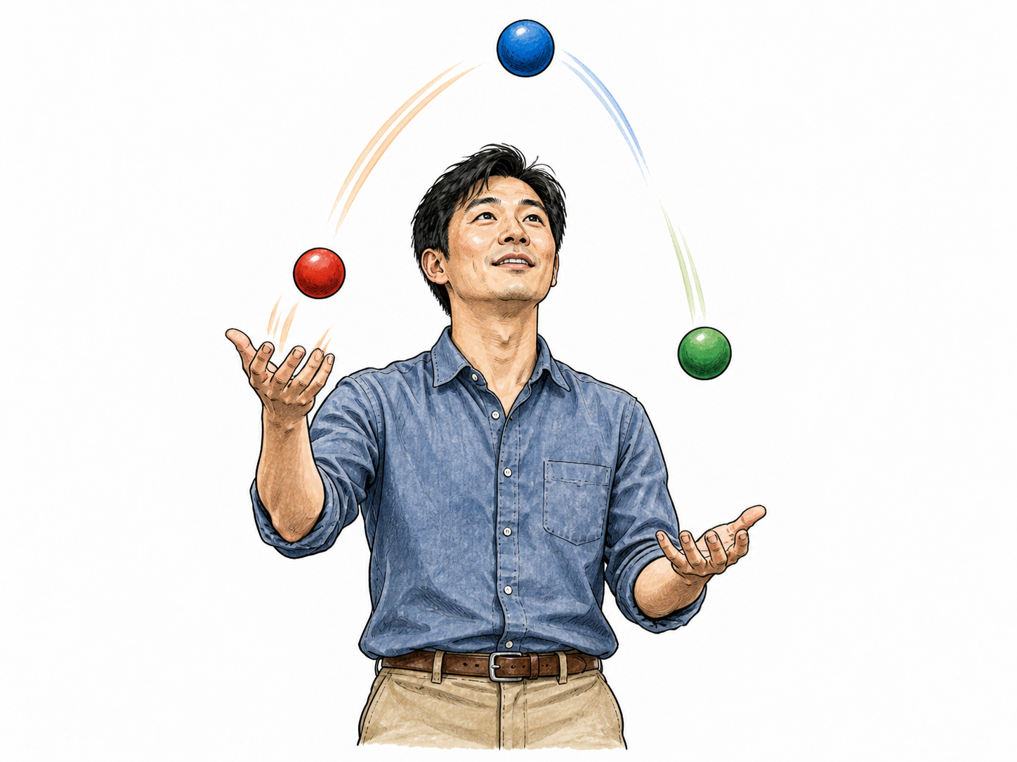 An adult juggles exactly three colored balls, two in the air at different heights and one just leaving a palm, anatomically clear hands and curved trajectories implied without arrows.