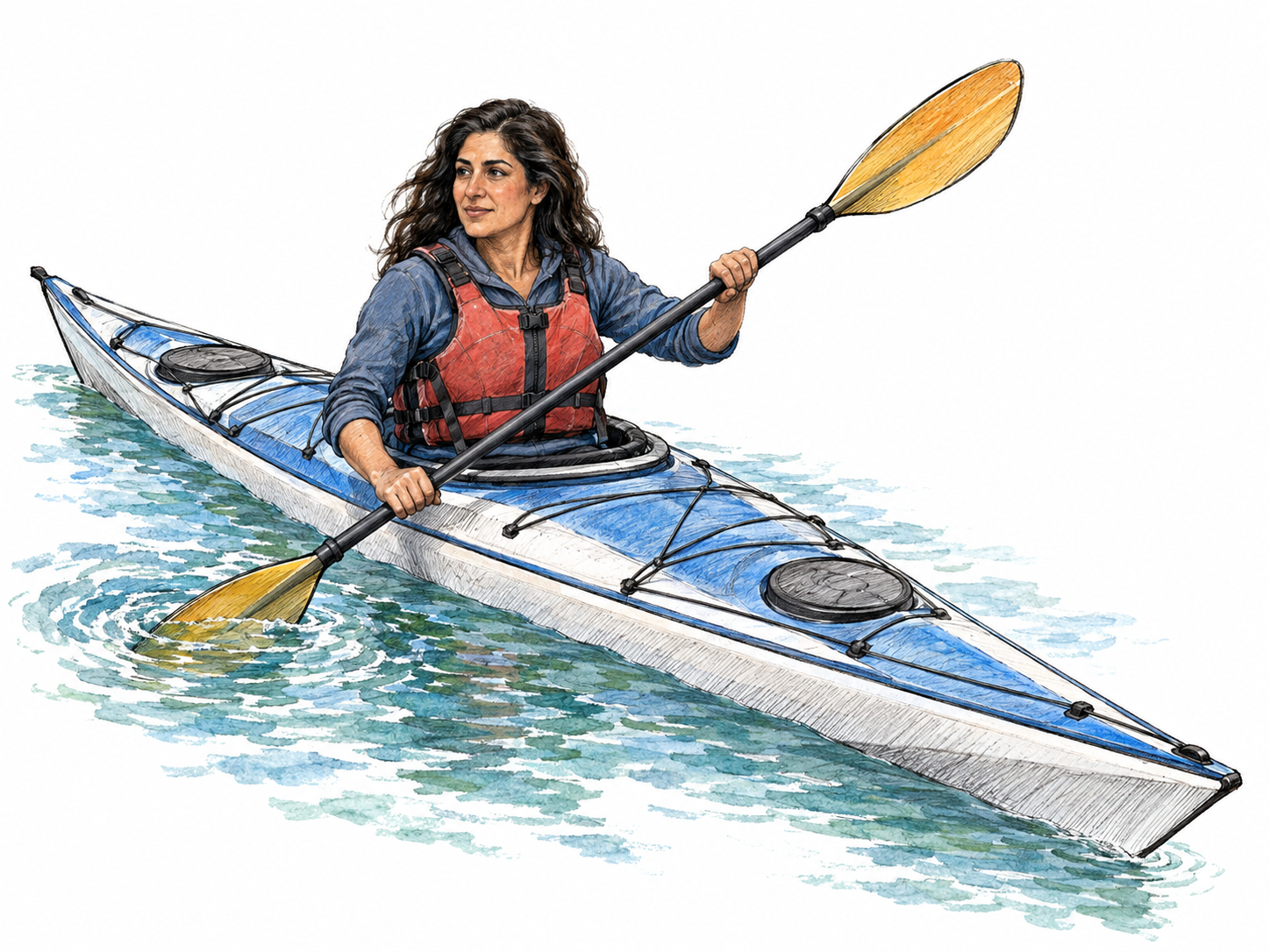 A woman paddles a narrow single-seat kayak, with the enclosed deck, cockpit, and both ends of the double-bladed paddle clearly visible.