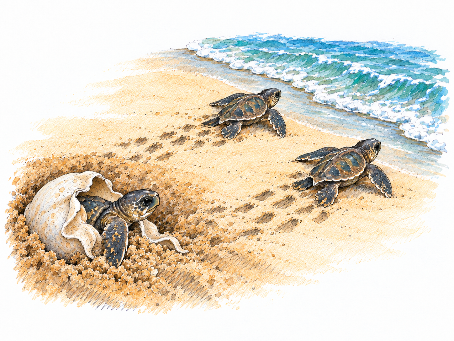 Newly hatched sea turtles instinctively crawl from their broken eggs toward the sea, showing a natural behavior without instruction.