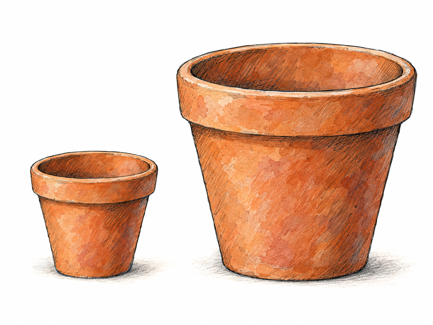 A small terracotta flowerpot beside a much larger matching flowerpot, both empty and resting on the same surface.