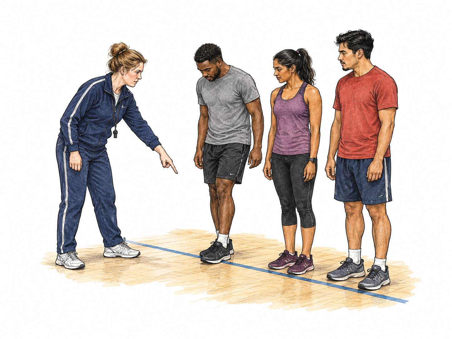 A strict adult coach insists on an orderly straight line of three adult trainees, pointing firmly at a floor line while one trainee corrects position to align with the other two.