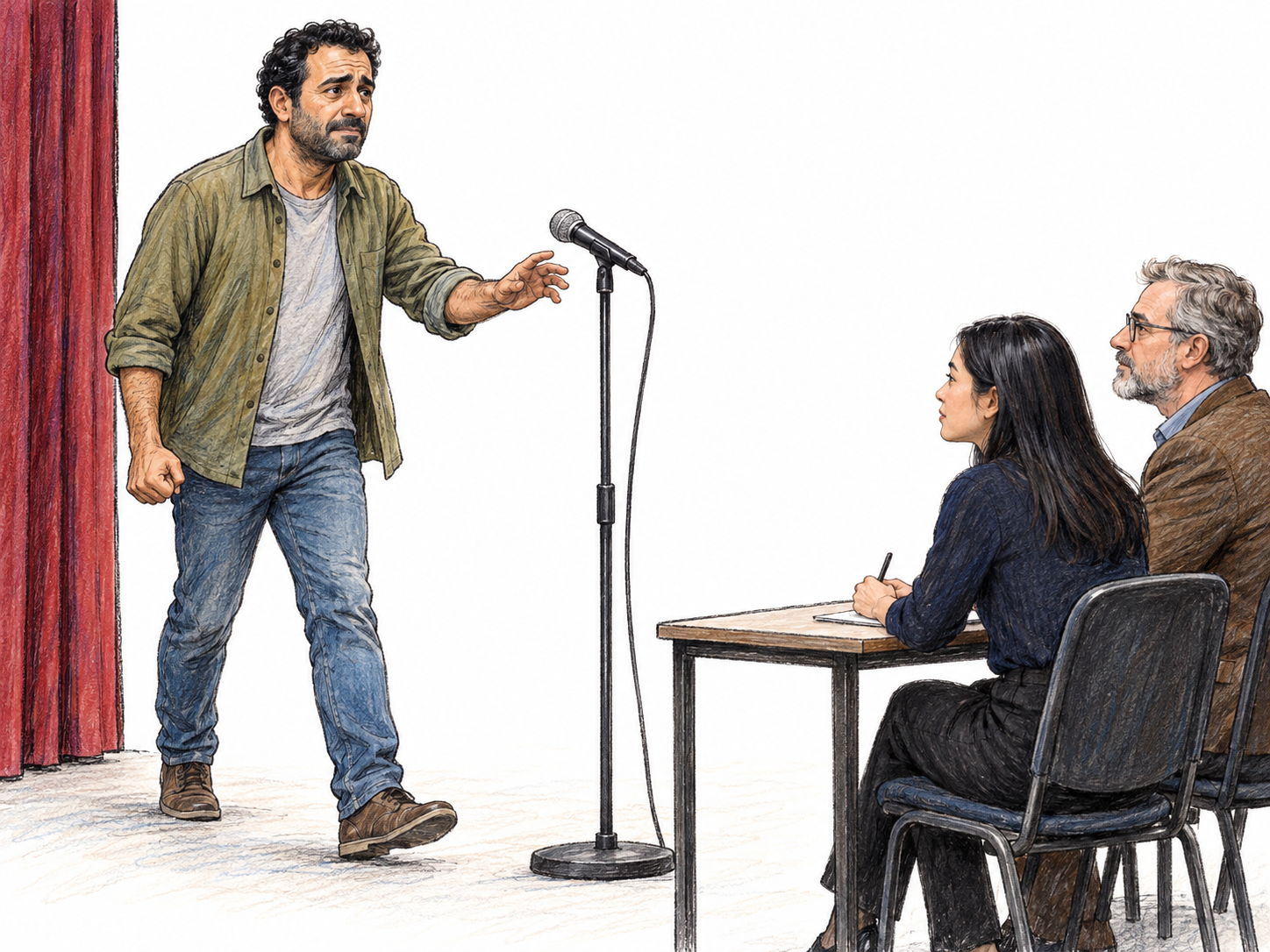 An apprehensive amateur singer dares to step forward into an audition, visibly overcoming fear of judgment.