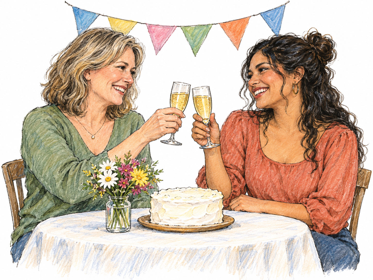Two smiling women raise glasses of sparkling juice beside a small celebration table decorated with flowers, a plain cake and a short strand of colorful bunting.