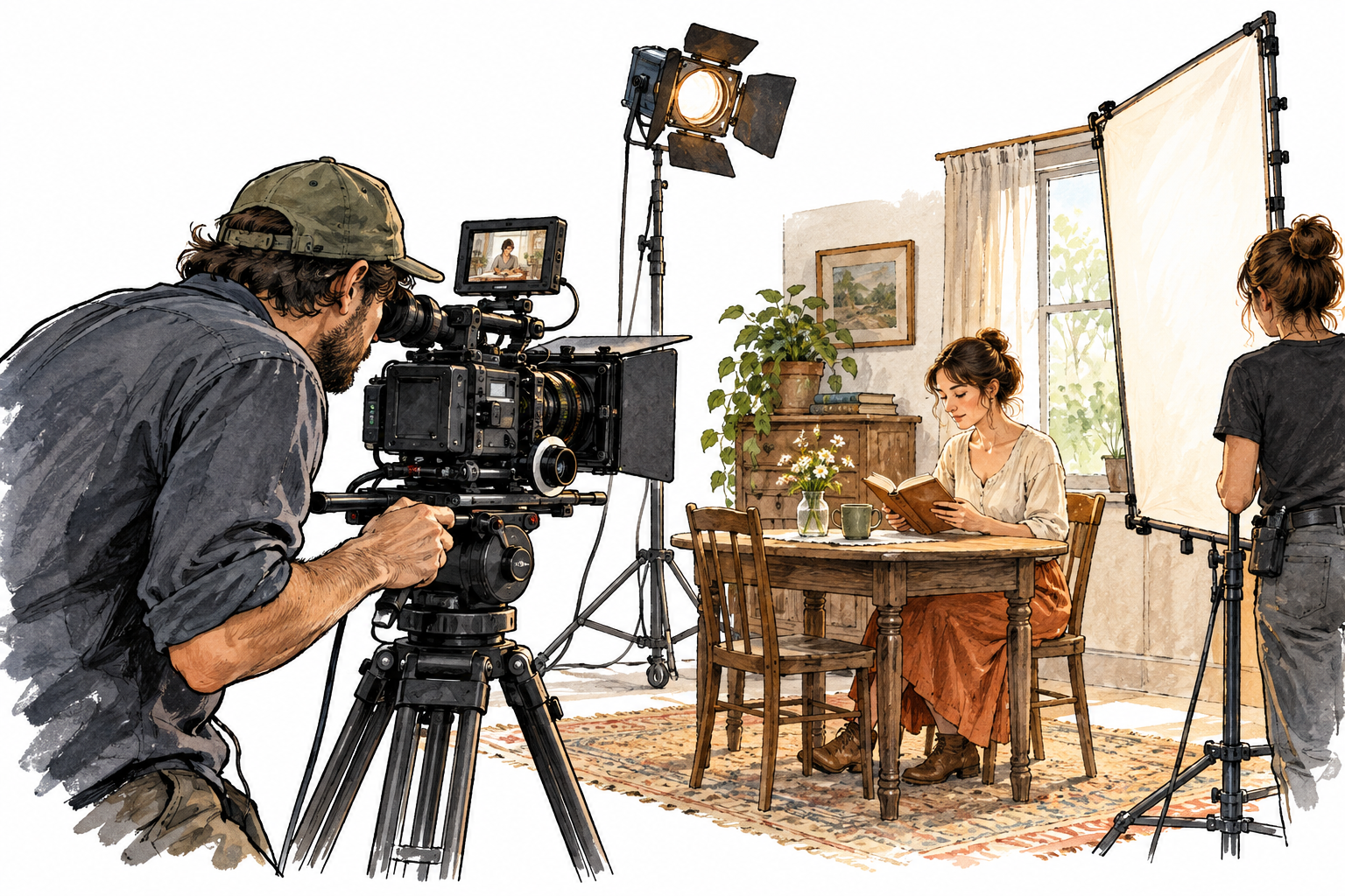 A cinematographer carefully framing a shot through a professional movie camera on a tripod while a small scene is lit before them, coherent filmmaking set, no written slate or labels.