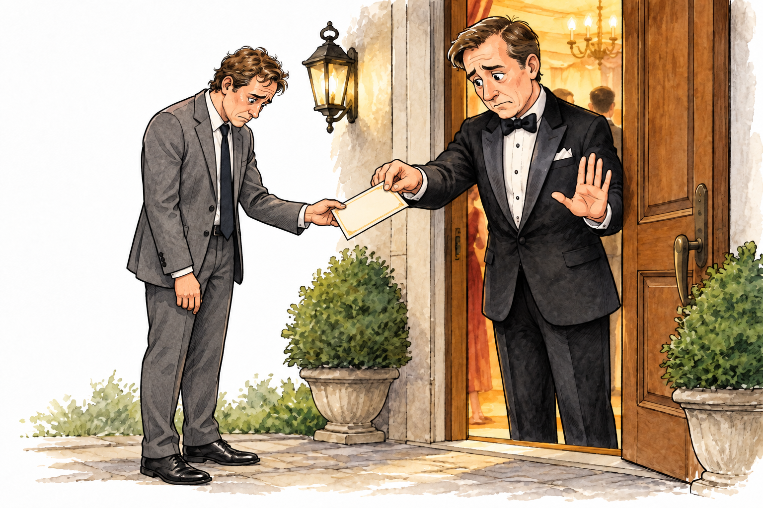 Host regretfully takes back a previously given invitation card from a disappointed intended guest at the party doorway, gently indicating the guest cannot enter.