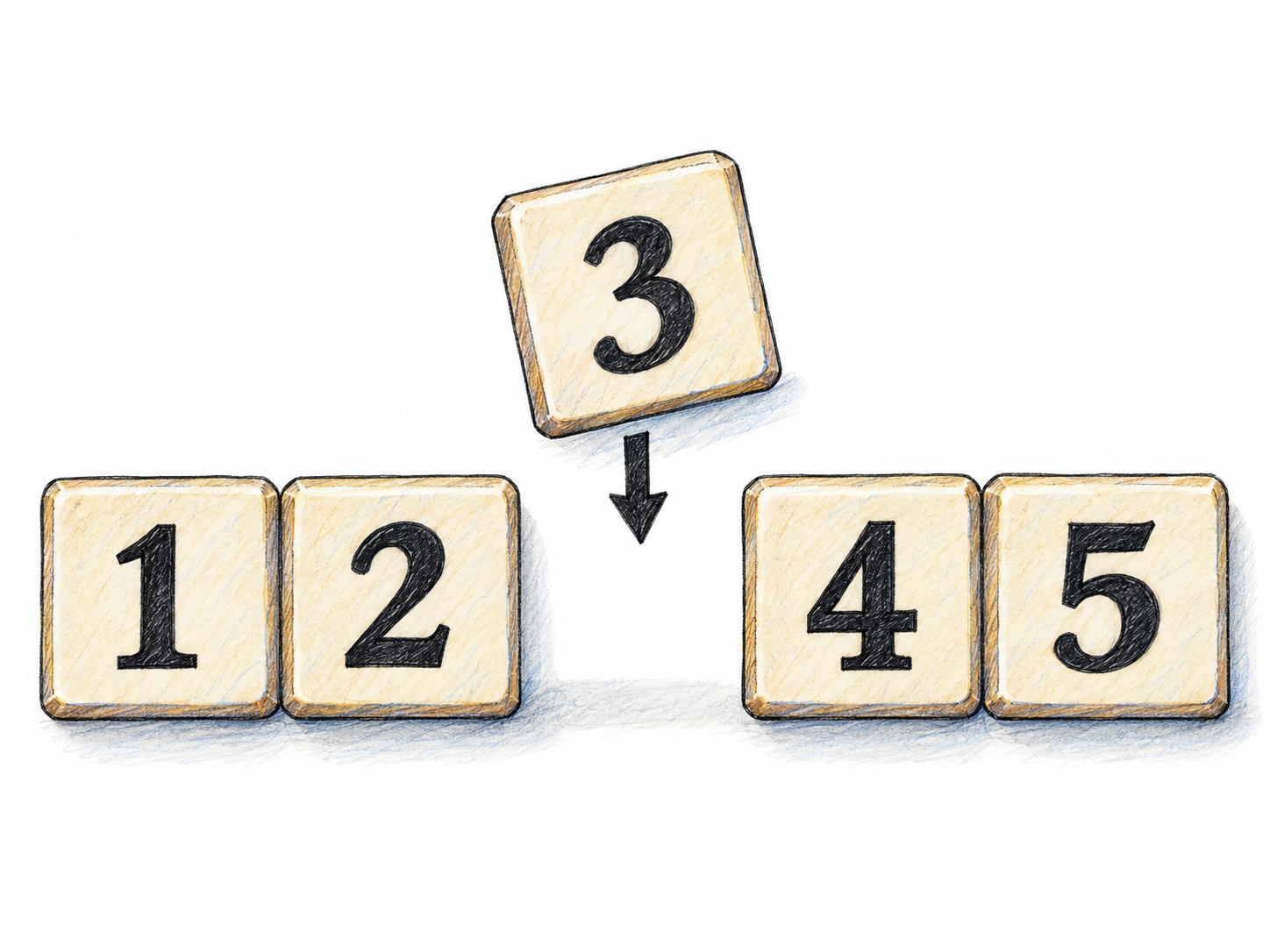A numbered tile marked 3 is being inserted into the open space between 2 and 4 in an otherwise continuous row of tiles numbered 1, 2, 4, 5.