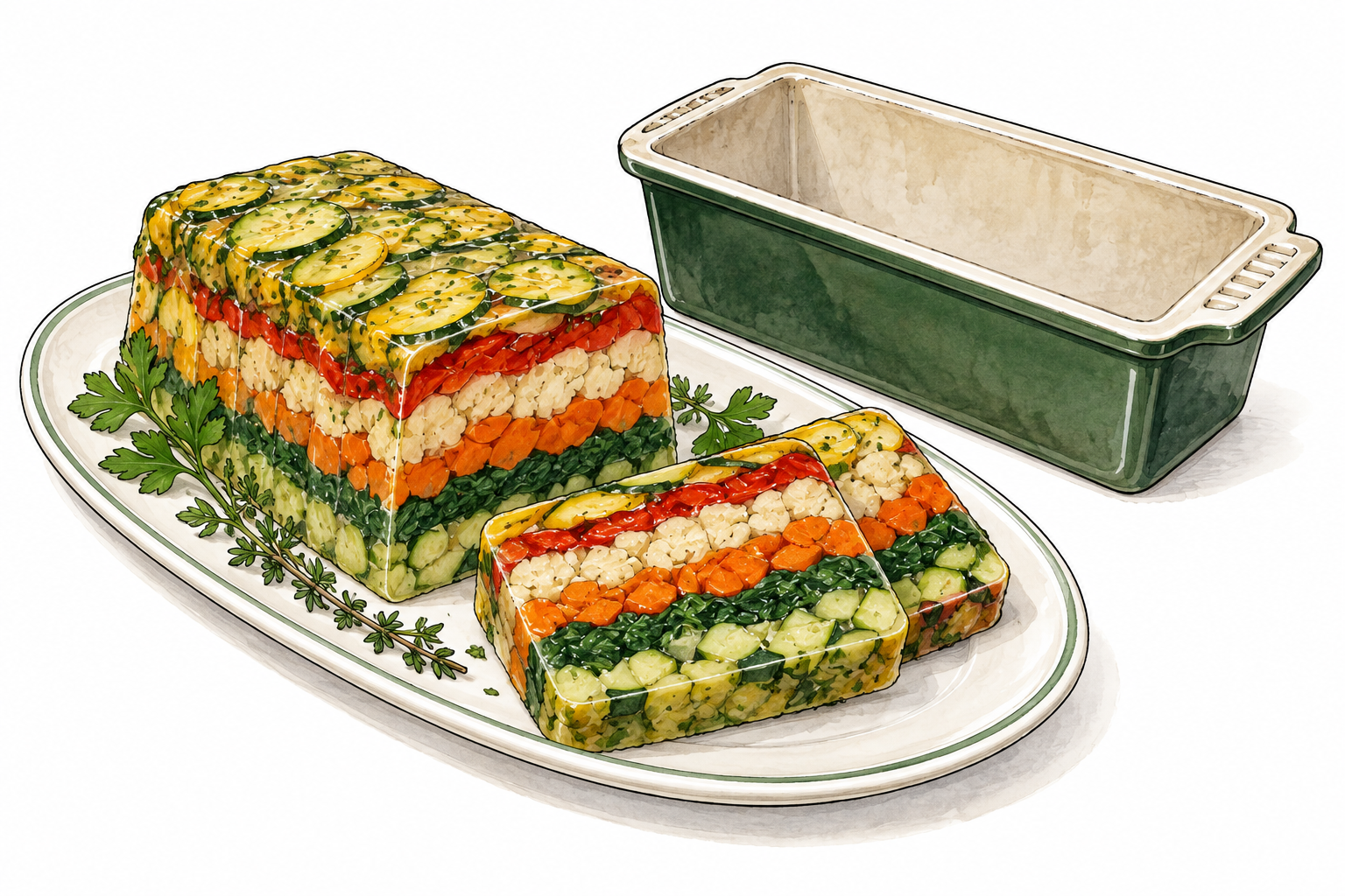 A sliced molded vegetable terrine with neat layered vegetables retaining rectangular loaf shape, on platter beside its cooking mold.