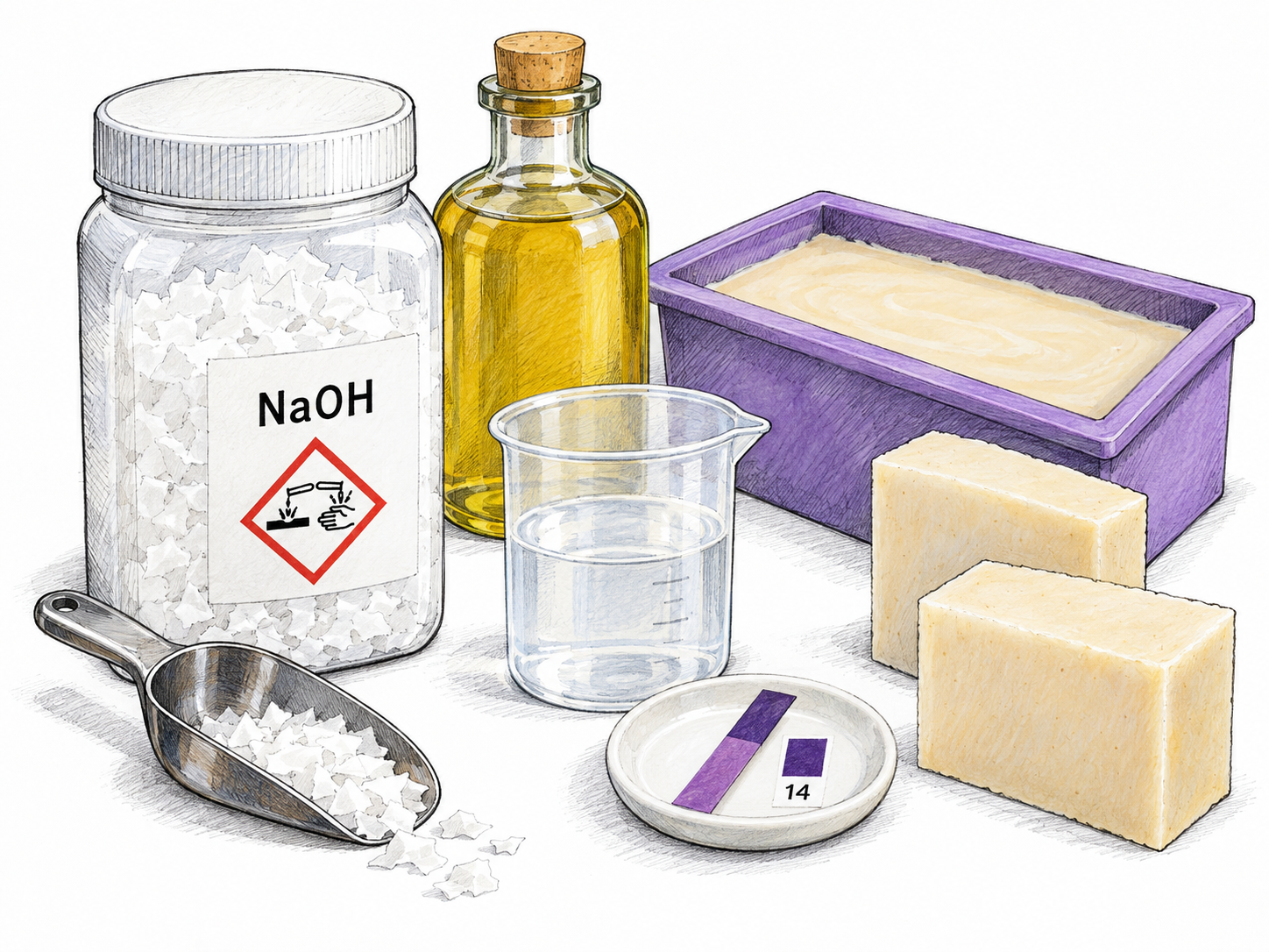 An open chemical container of white lye flakes marked only NaOH, beside soap-making oil, a filled soap mold and cut soap bars.