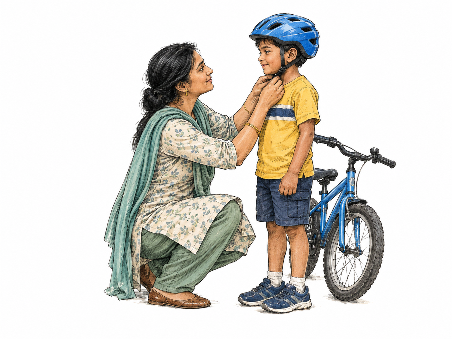Parent carefully adjusts child's bicycle helmet strap with attentive caring expression before ride, no injury or traffic.