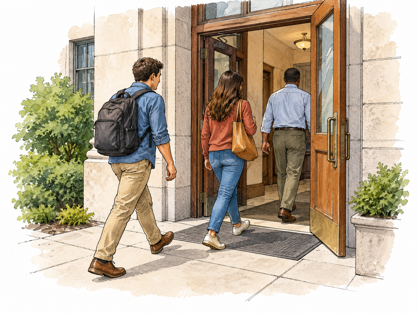 People enter building through open doorway, clear movement inward.