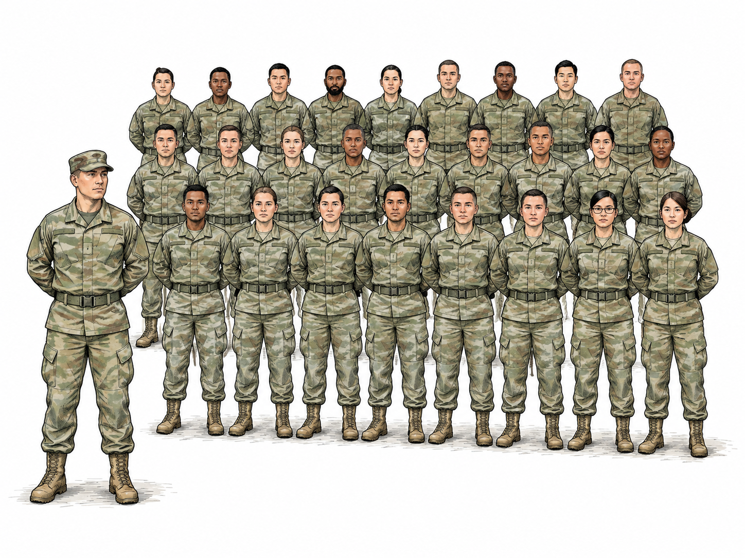 Exactly28 modern soldiers stand in a clear compact formation: one leader beside three squads of nine, a unit smaller than a company; no battle, weapons handling or national insignia, readable formation at card size.