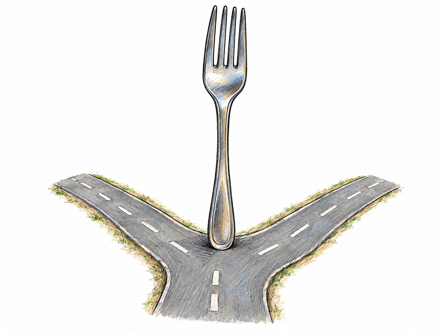 A visual pun on “fork”: a miniature road divides into two branches, with an oversized dining fork planted precisely at the junction.