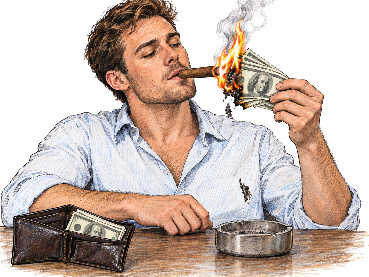 A young man recklessly uses a handful of banknotes as a disposable flame to light his cigar, visibly destroying money for a trivial luxury.