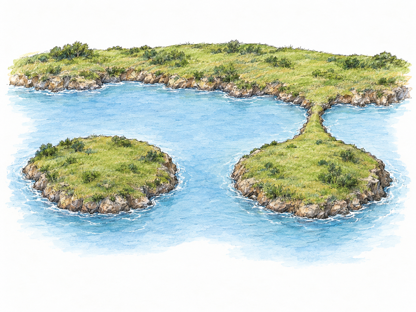 A near-island compared with a true island: two similarly shaped, grassy landforms sit beside the same mainland shore.