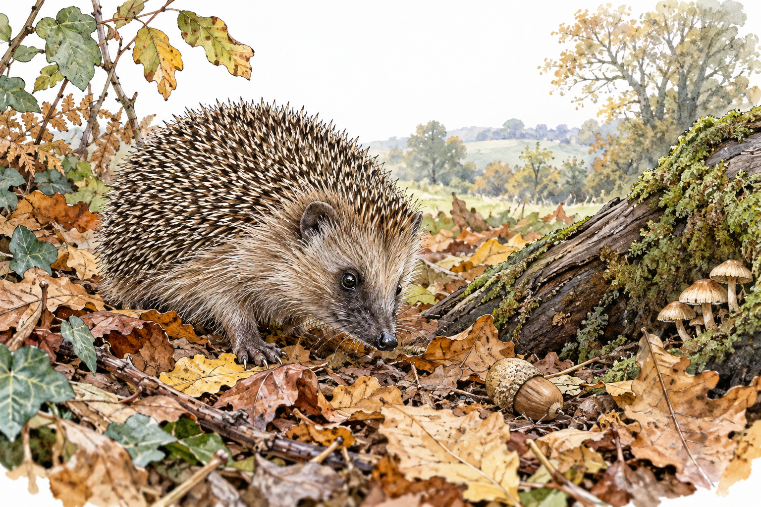 A small hedgehog explores leaf litter, clear living animal creature, natural anatomy and gentle setting.