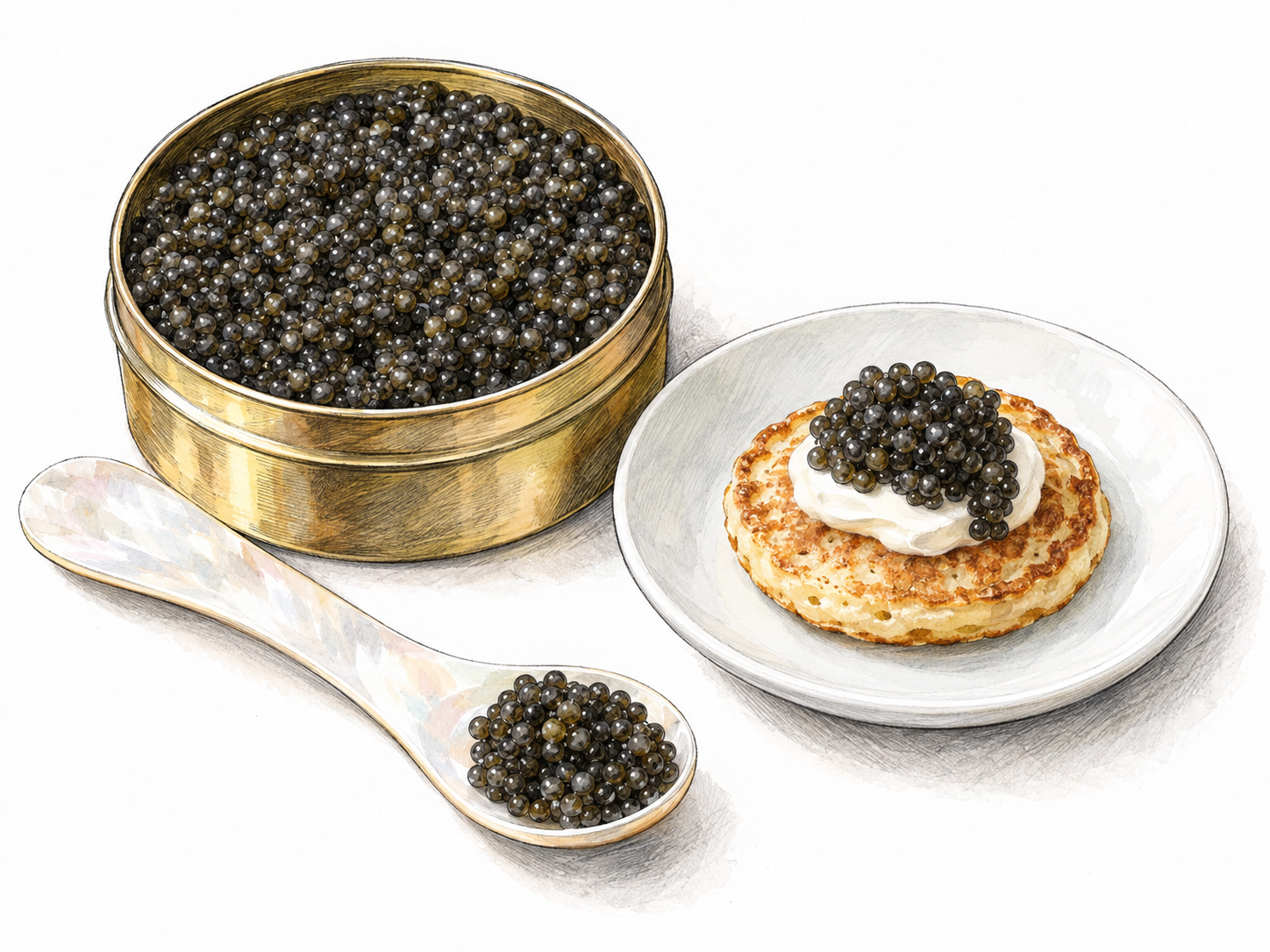 A close-up delicacy serving: a small open tin filled with tiny charcoal-gray caviar beads, a mother-of-pearl spoon holding a small mound, and one blini topped with cream and caviar on a plain porcelain plate.