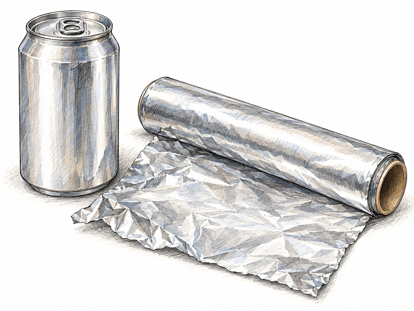 A simple material still life: an unbranded silvery beverage can beside a roll of aluminum foil, with a broad sheet partly unrolled and lightly crumpled to reveal its thinness and metallic sheen.