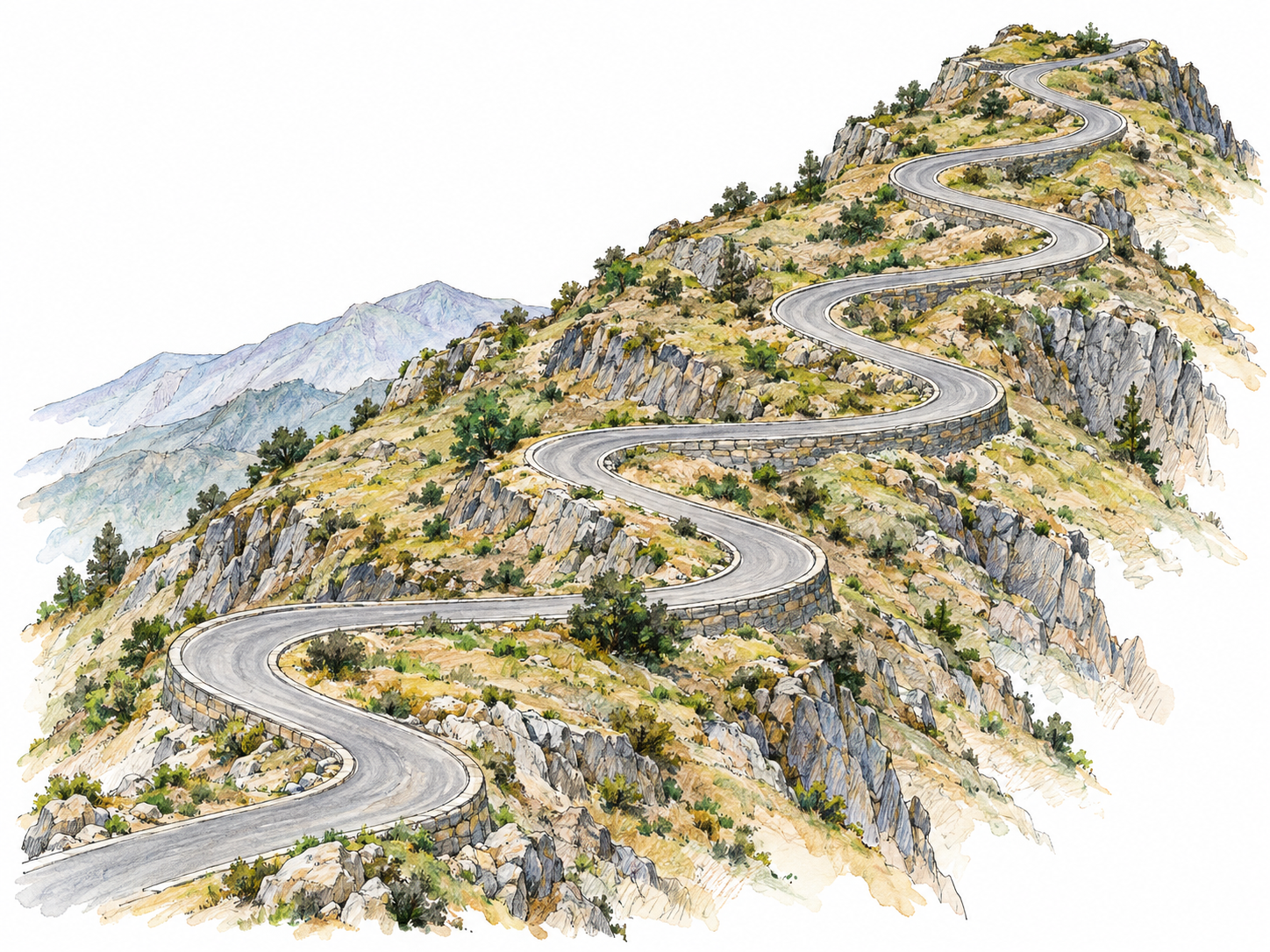 A single narrow mountain road repeatedly doubles back through tight hairpin bends, making its tortuous course immediately visible.