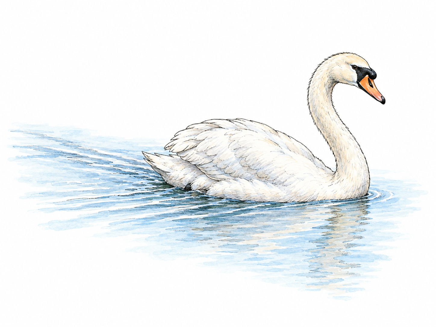 A swan glides across calm water, its relaxed body leaving a long, narrow wake while the surrounding surface remains nearly undisturbed.