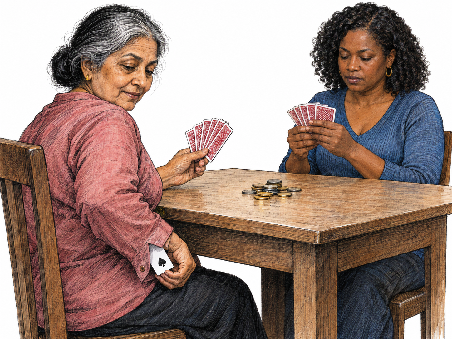 A card player secretly draws an extra ace from her sleeve while her opponent watches the legitimate cards on the table.