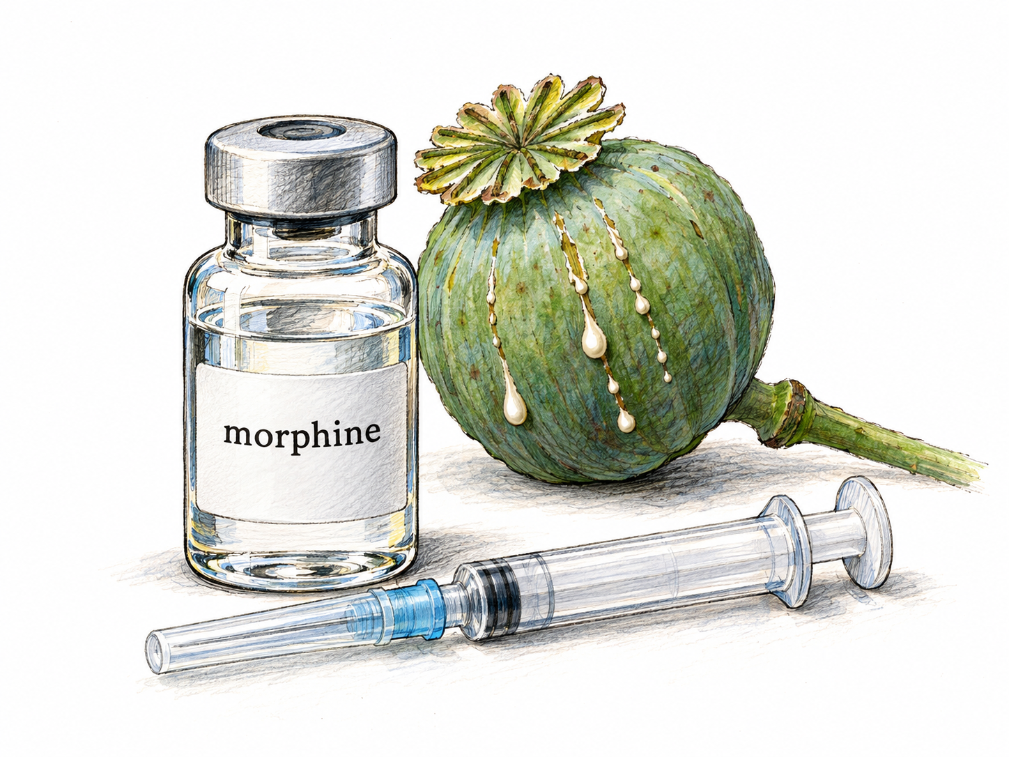 A clearly identified morphine medicine vial beside a small syringe, with a scored opium-poppy capsule behind it linking the medicine to its plant source.