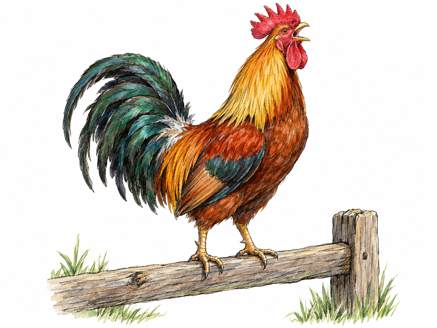 A proud rooster perched on a rustic fence rail, neck extended and beak open in a crowing pose.