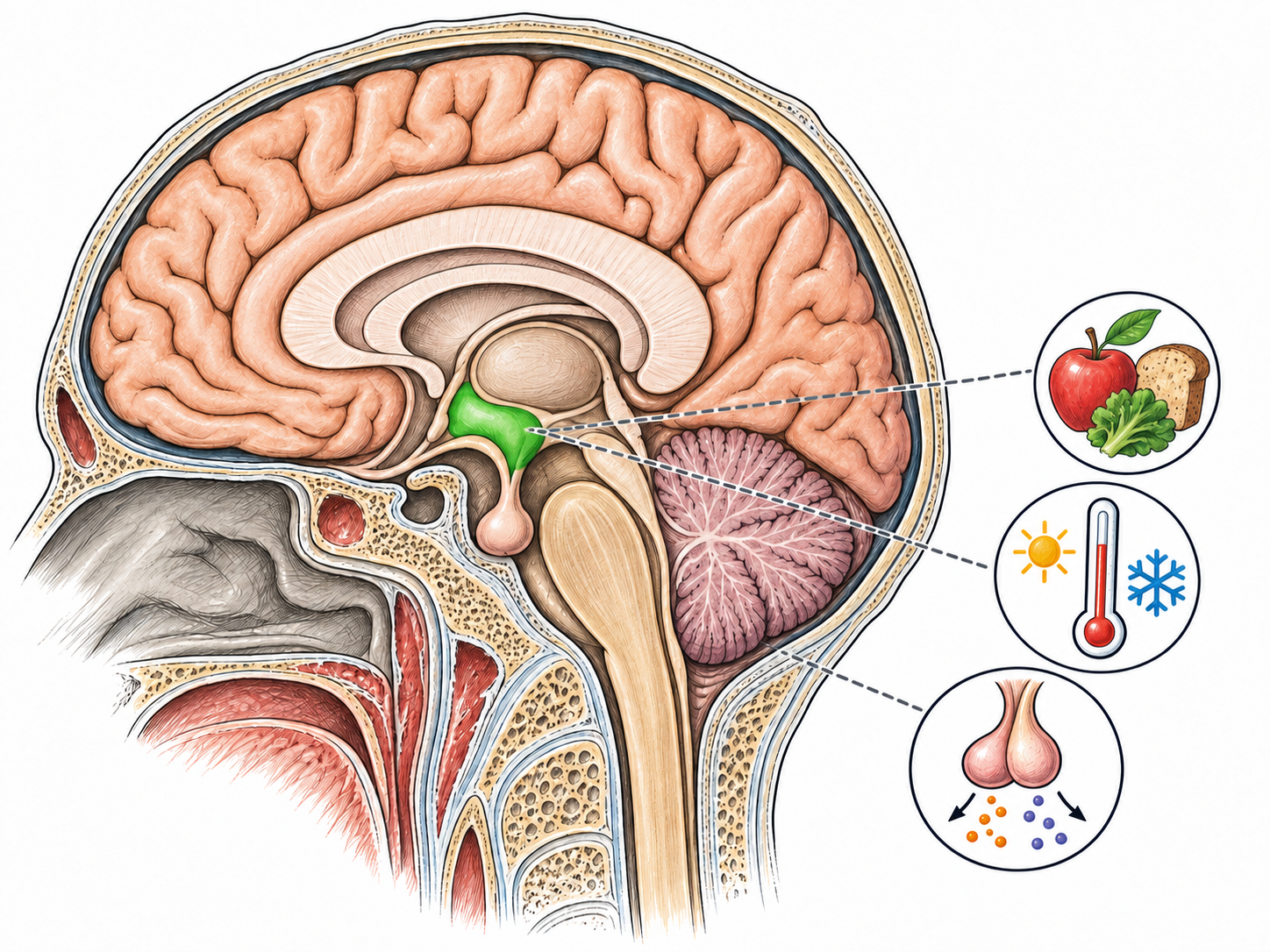A clean sagittal brain illustration based on the approved anatomical reference highlights the small hypothalamic region below the thalamus and above the pituitary stalk; a restrained inset of food, thermometer and gland symbols suggests regulation, no diagnostic claims or treatment.