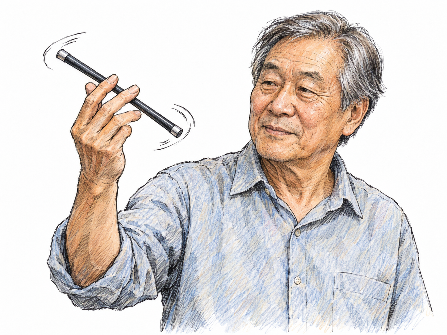 An older man rapidly twirls a slim baton between the fingers of one raised hand.