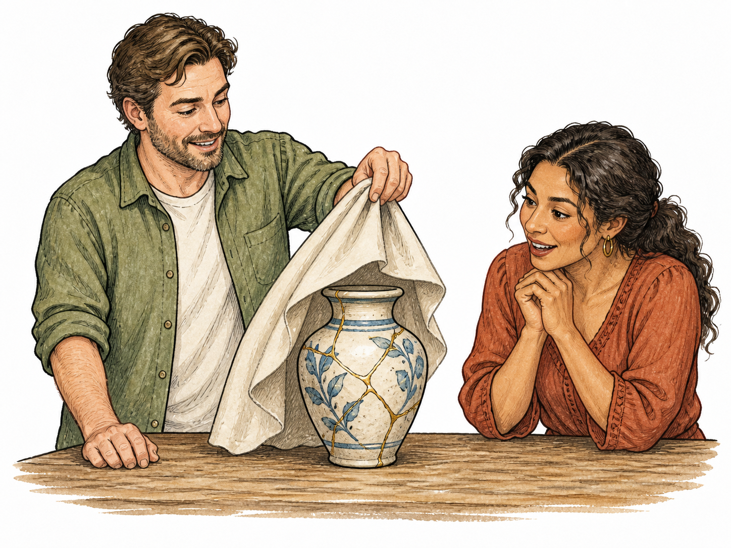 Adult lifts cover from a previously hidden repaired vase to reveal it to an attentive companion, making previously unknown facts visible.