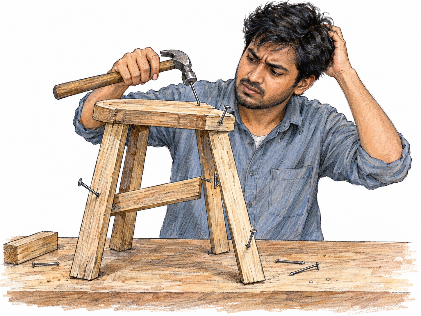 An unsuccessful furniture assembler struggles with a visibly botched stool: its legs splay unevenly, its braces are misaligned, and several bent nails show repeated failed attempts.