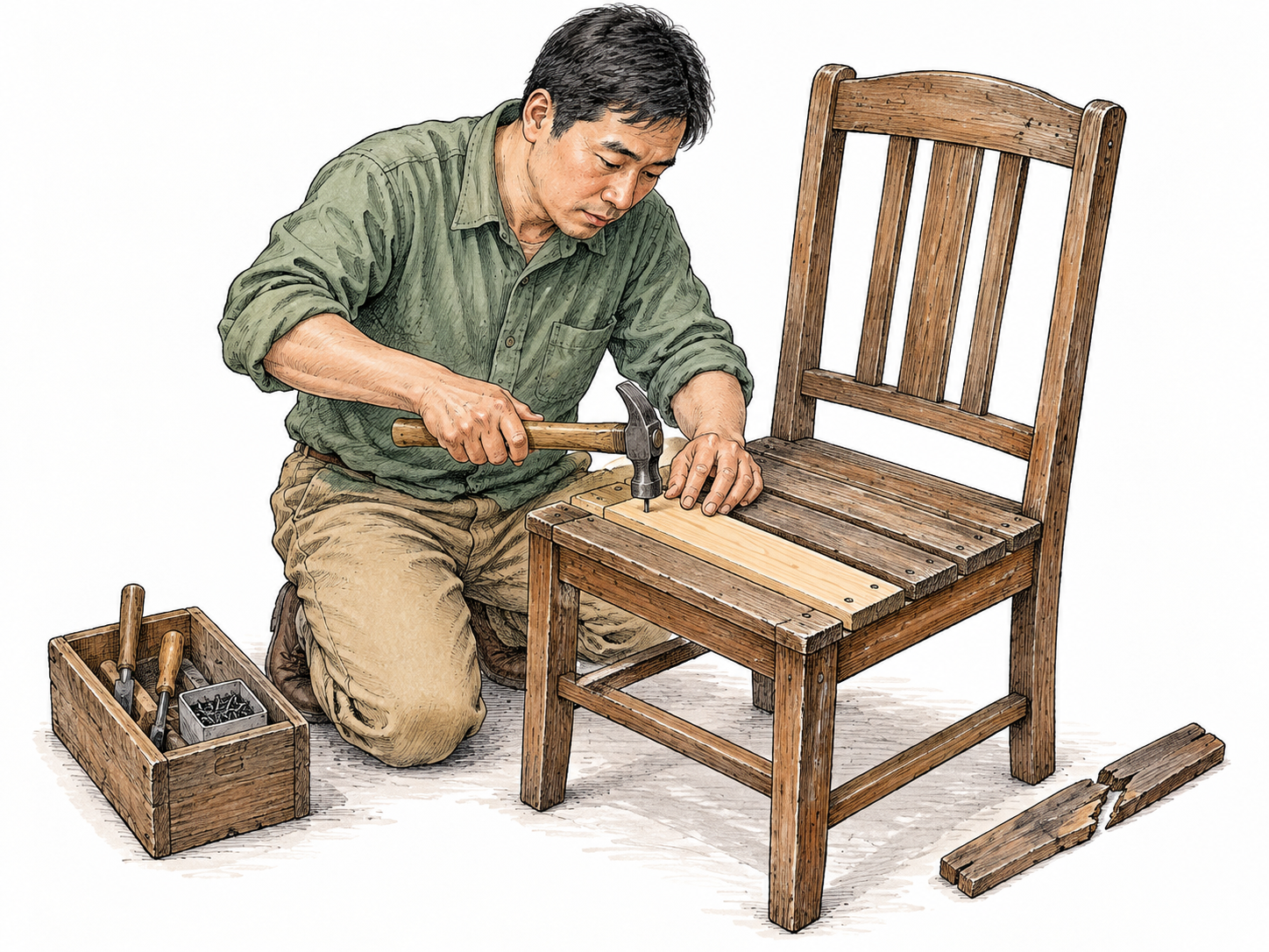 A craftsperson improves an old wooden chair by securely replacing a cracked seat slat; an old broken slat lies beside it and the new smooth slat fits neatly in place.