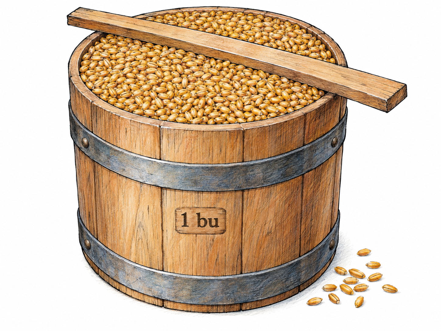 A rigid one-bushel dry measure filled level with wheat, with a strike board resting across its rim and a small intrinsic capacity stamp, “1 bu,” making the specific unit distinguishable from an ordinary grain container.