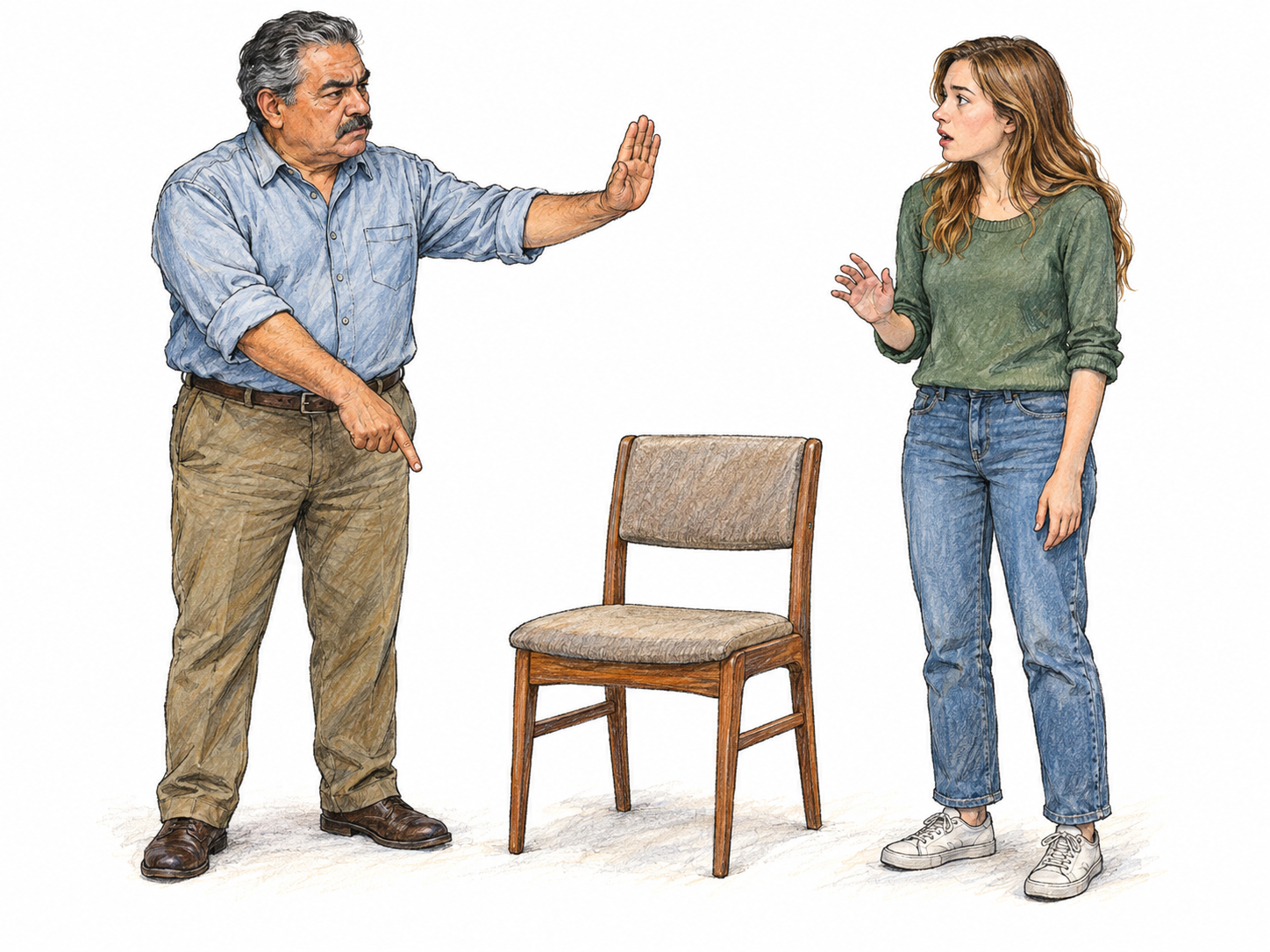 An older man cuts off a young woman's attempted objection with a firm raised palm while pointing decisively to an empty chair, commanding her to sit without debate.