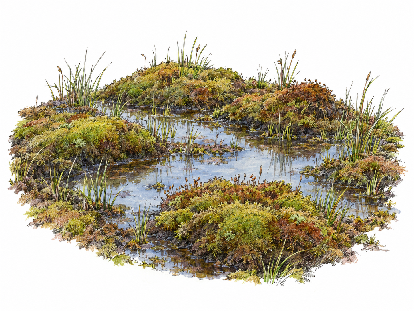 A close, low view of a bog: saturated moss hummocks and sparse sedge surround shallow pools of standing water, making the soft, waterlogged ground unmistakable.